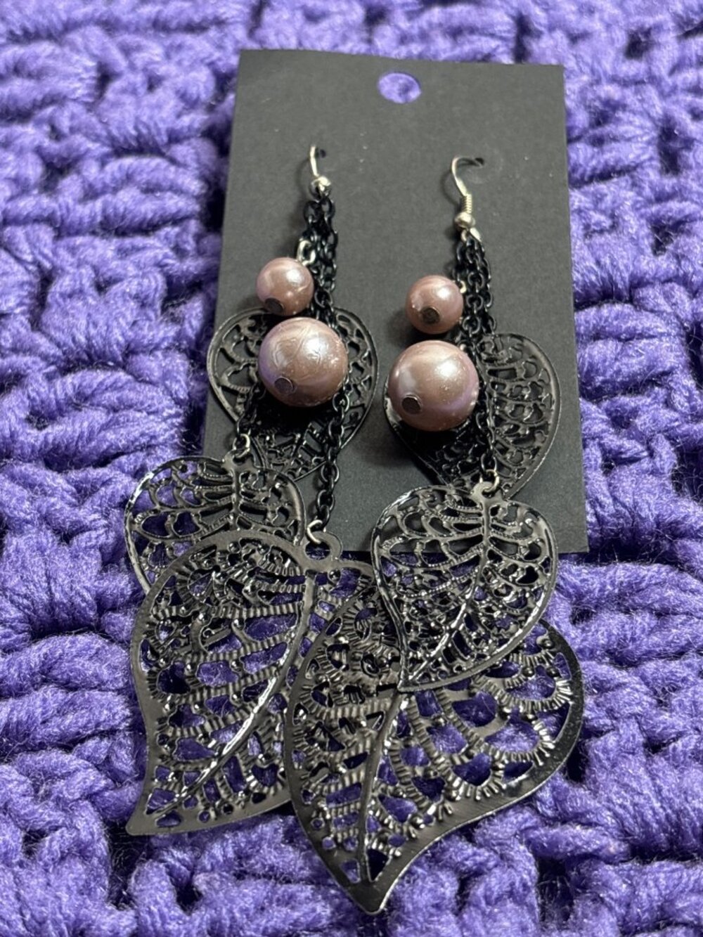Black Metal Leaf Dangle Earrings Pink Faux Pearls 4 inches